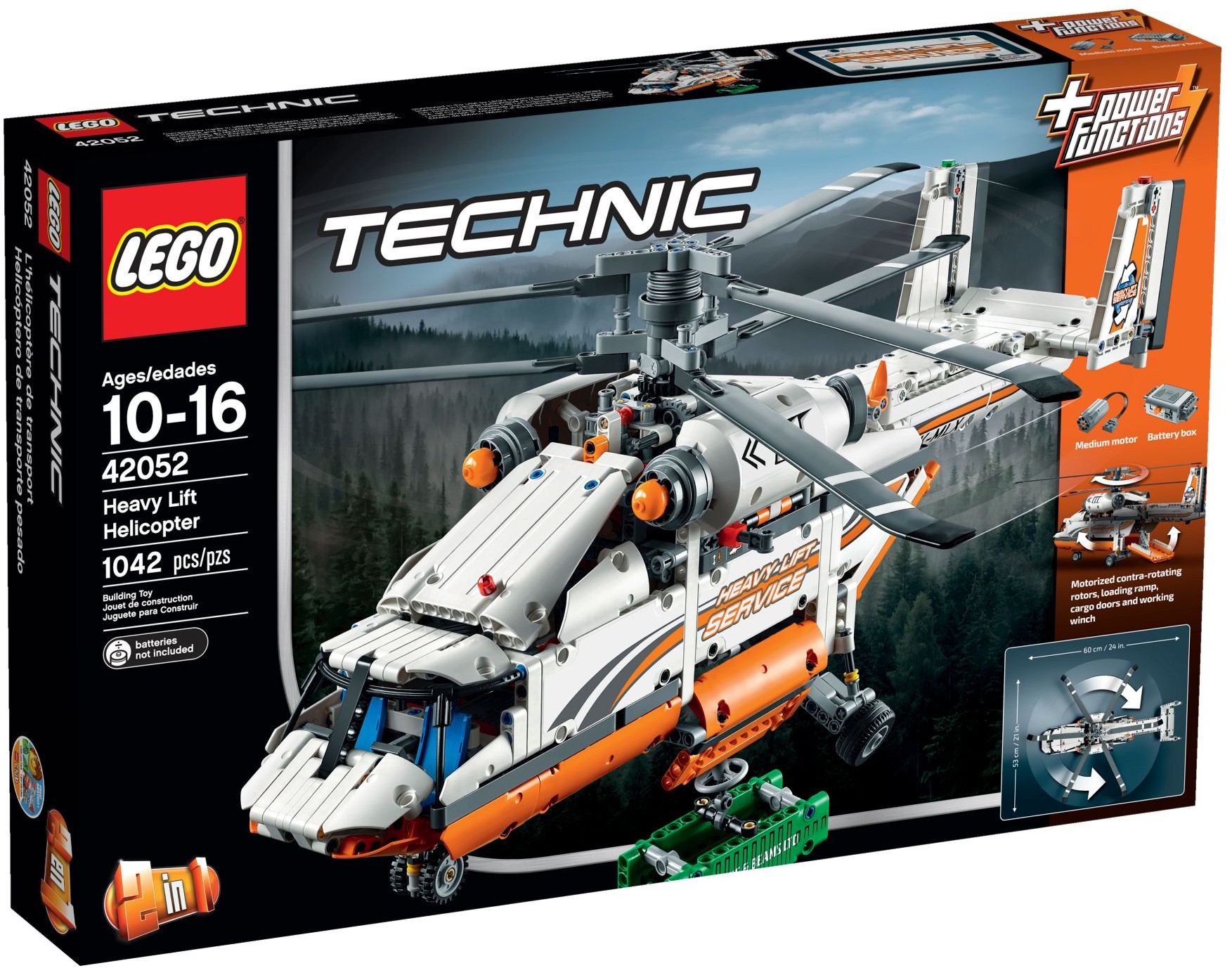 Box of LEGO Technic Heavy Lift Helicopter (42052) showing the helicopter over a pine forest with the green cargo container, the 10 to 16 age mark, 1042 pieces, the Power Functions badge with medium motor and battery box, and a plan view marked 60 cm by 53 cm