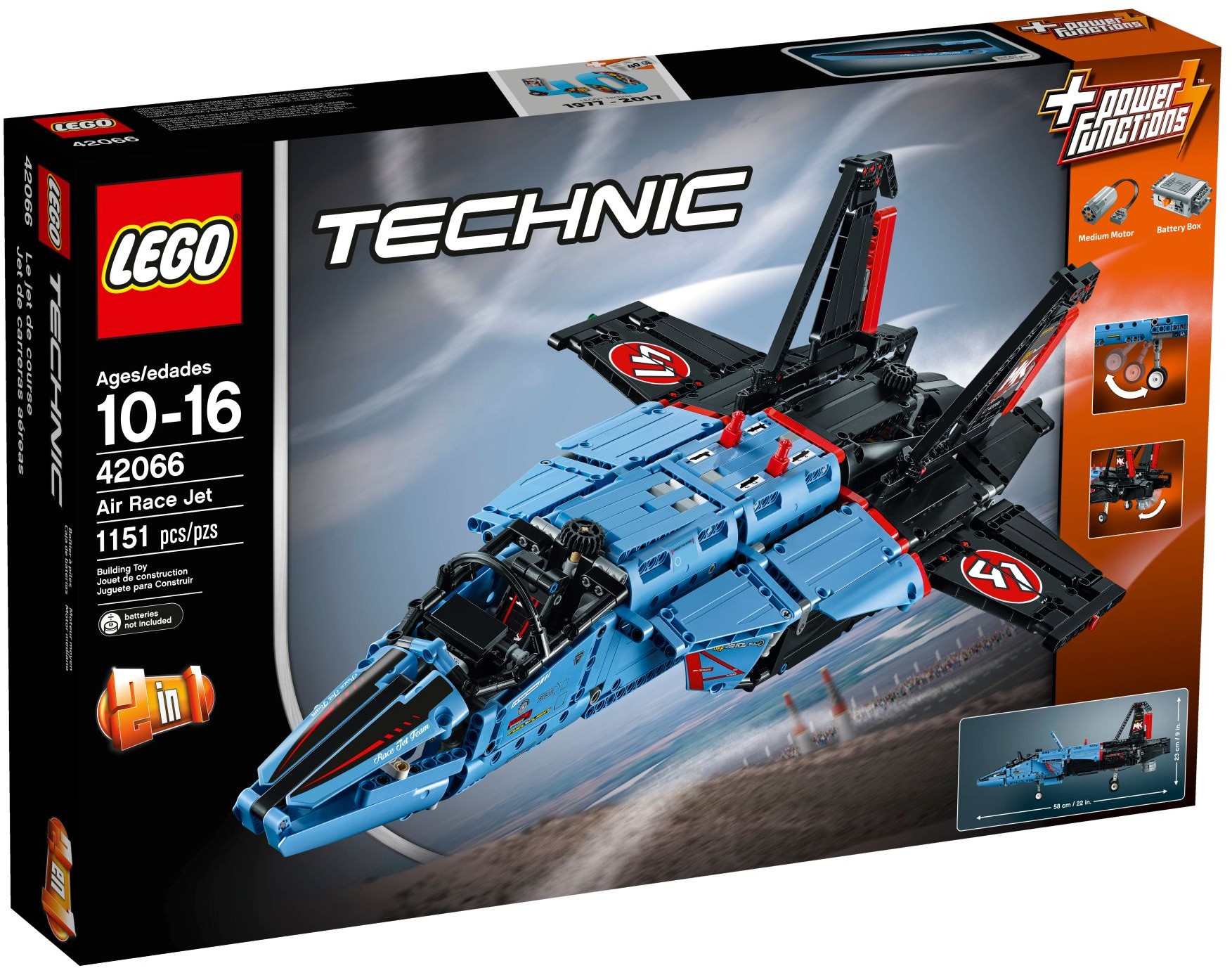 Box of LEGO Technic Air Race Jet (42066) showing the jet banking over a crowd, the 1151 piece count, the 10 to 16 age mark, the 2 in 1 badge, the Technic 40 years 1977 to 2017 badge and the Power Functions panel with Medium Motor and Battery Box