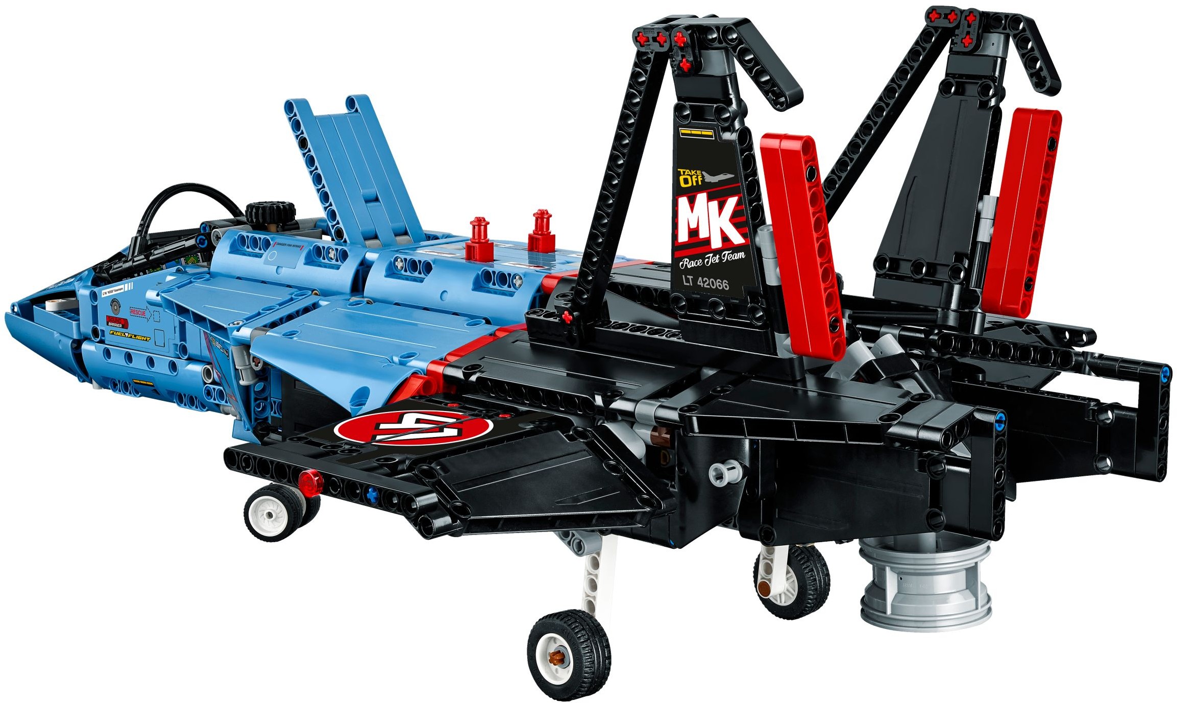 LEGO Technic Air Race Jet (42066) from behind in the hover setting, the blue doors above the lift fan open, the grey tail nozzle turned down, undercarriage out and the MK Race Jet Team fin sticker facing the camera