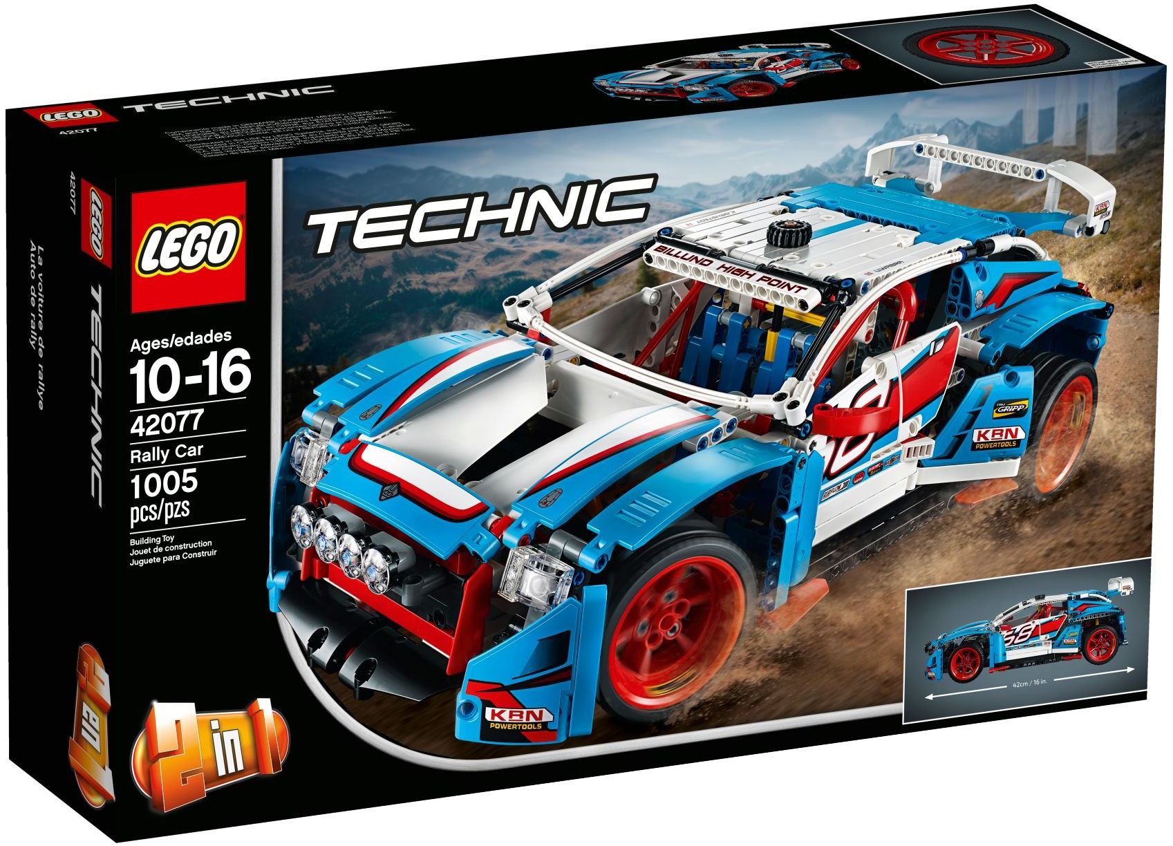 Front of the LEGO Technic Rally Car (42077) box, showing the car on a gravel stage, ages 10 to 16, 1005 pieces and the 2-in-1 badge, with the 42 cm length marked in the corner