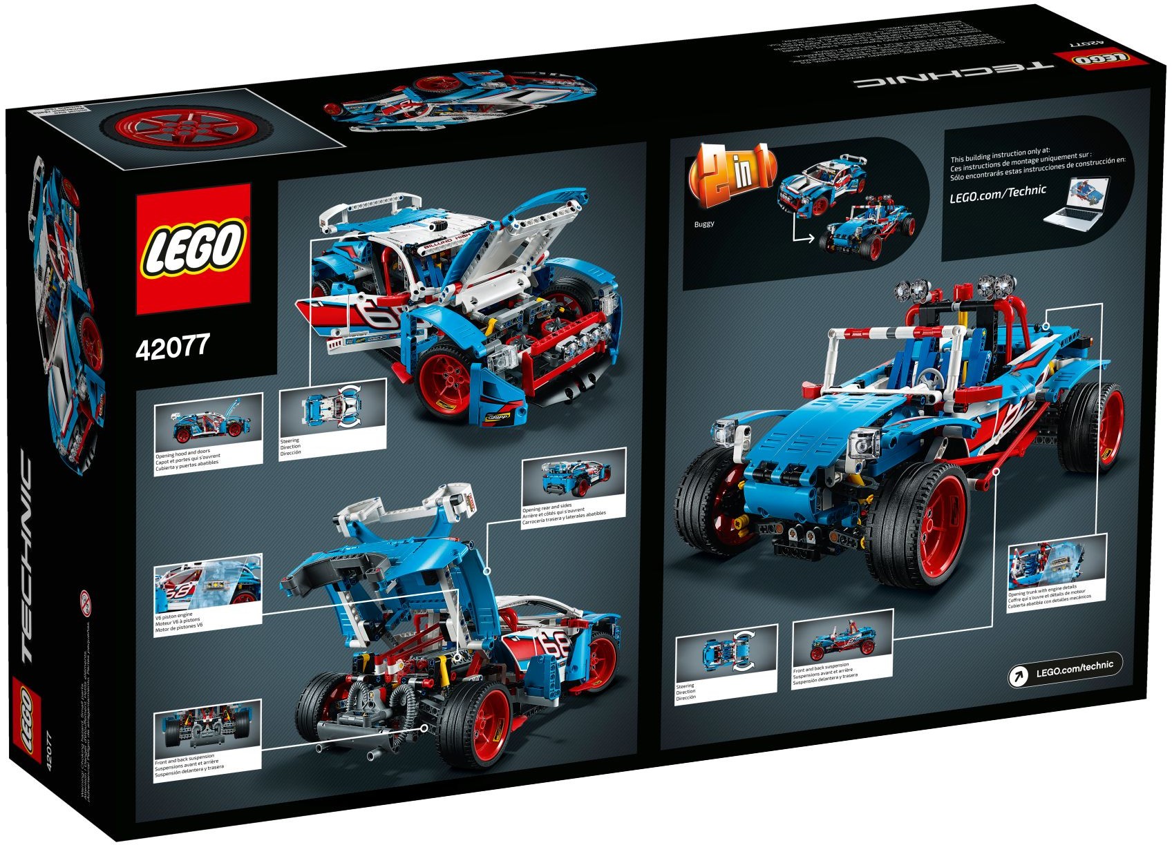 Back of the LEGO Technic Rally Car (42077) box, showing the bonnet and doors open, the rear bodywork lifted with the side panels swung out to reveal the V6, the suspension callouts and the blue buggy alternative model