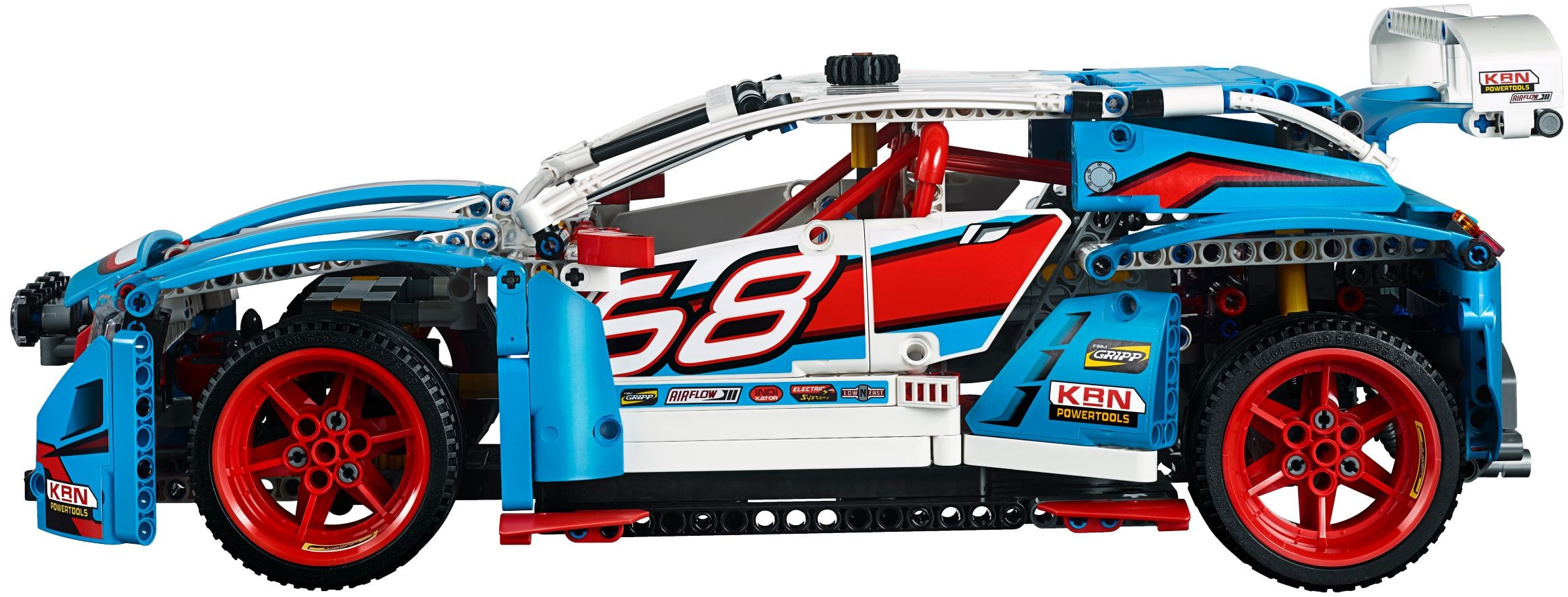 Side profile of LEGO Technic Rally Car (42077) showing the red roll cage through the windows, the number 68 and sponsor stickers on the door, the black side step and the gap between the tyres and the arches