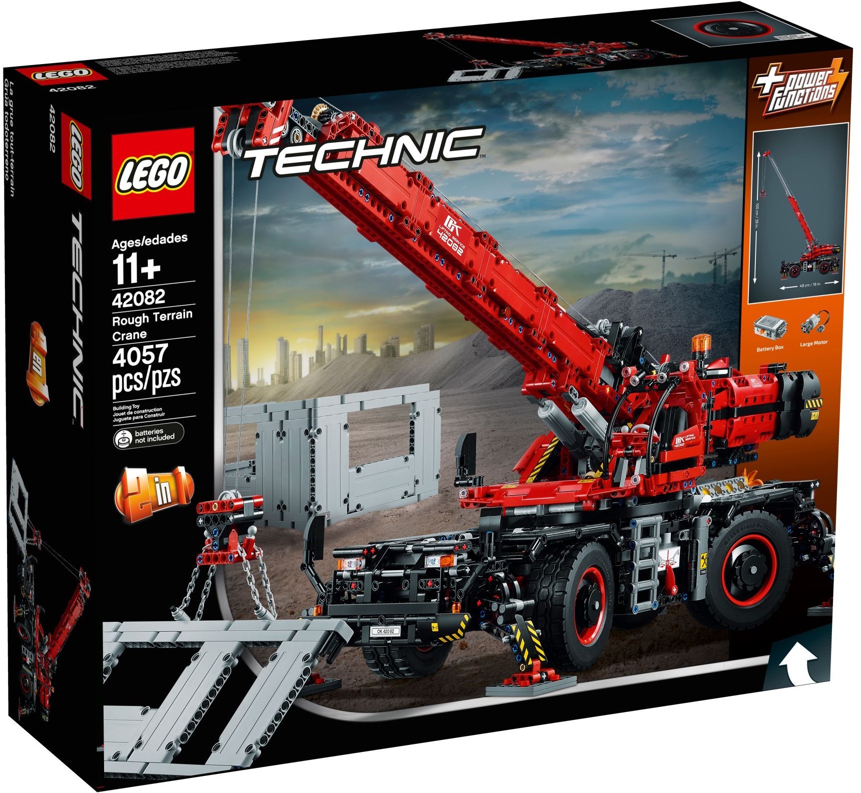 Box of LEGO Technic Rough Terrain Crane (42082) showing the crane lifting a wall section, the 4057 piece count, the 2-in-1 badge and the Power Functions battery box and large motor