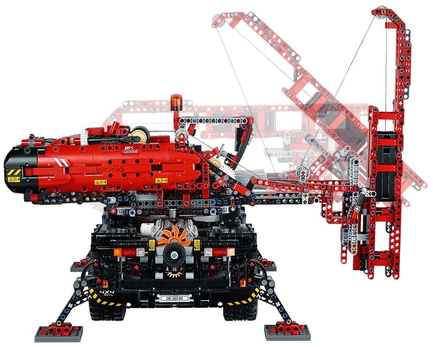 Rear view of LEGO Technic Rough Terrain Crane (42082) with the boom shown at three angles, both rear outriggers down on their pads and the V8 engine with its orange fan visible under the turntable