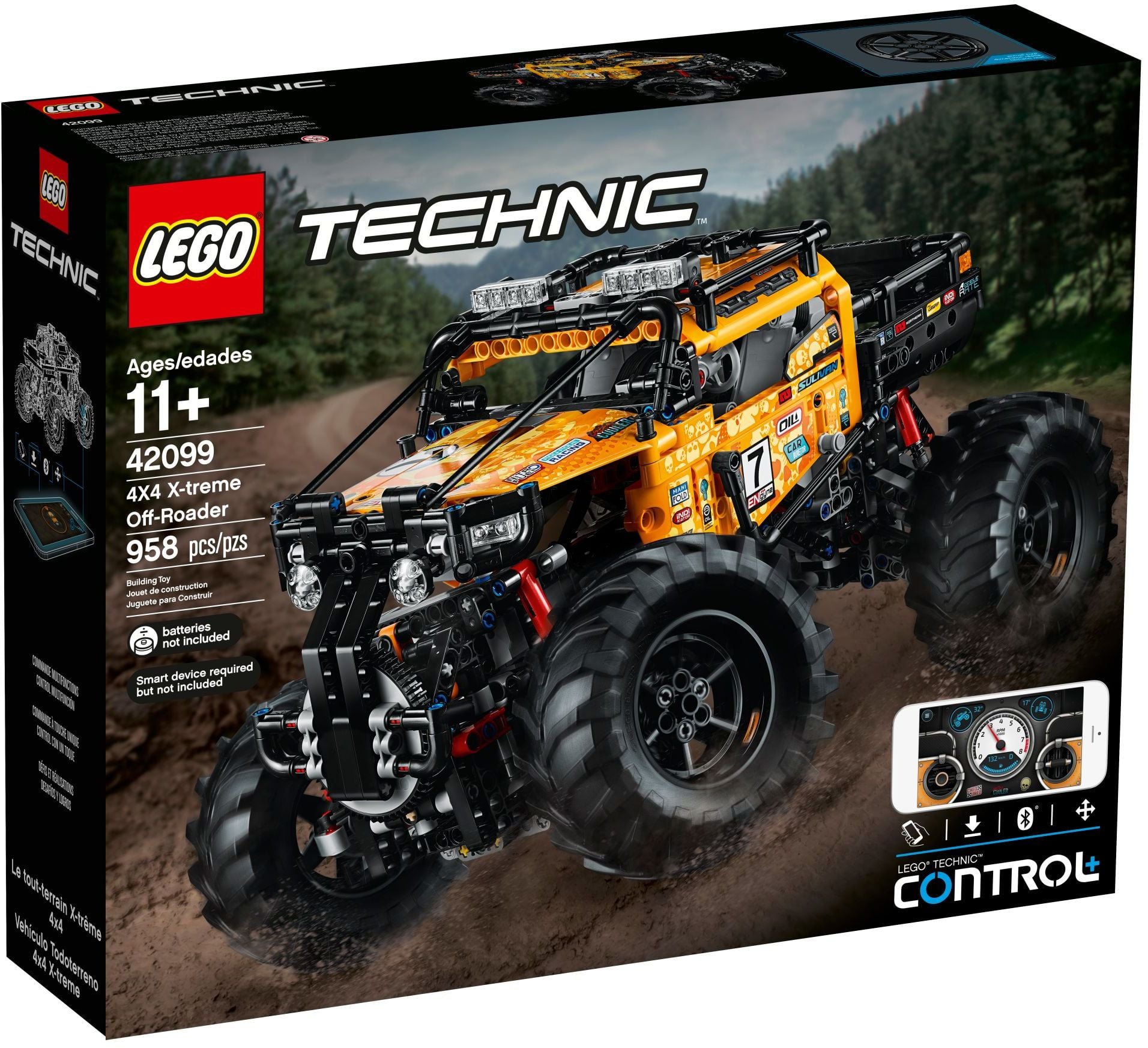 The box of LEGO Technic 4x4 X-treme Off-Roader (42099), showing the truck on a muddy track, 958 pieces, ages 11 and up, and the Control+ phone panel