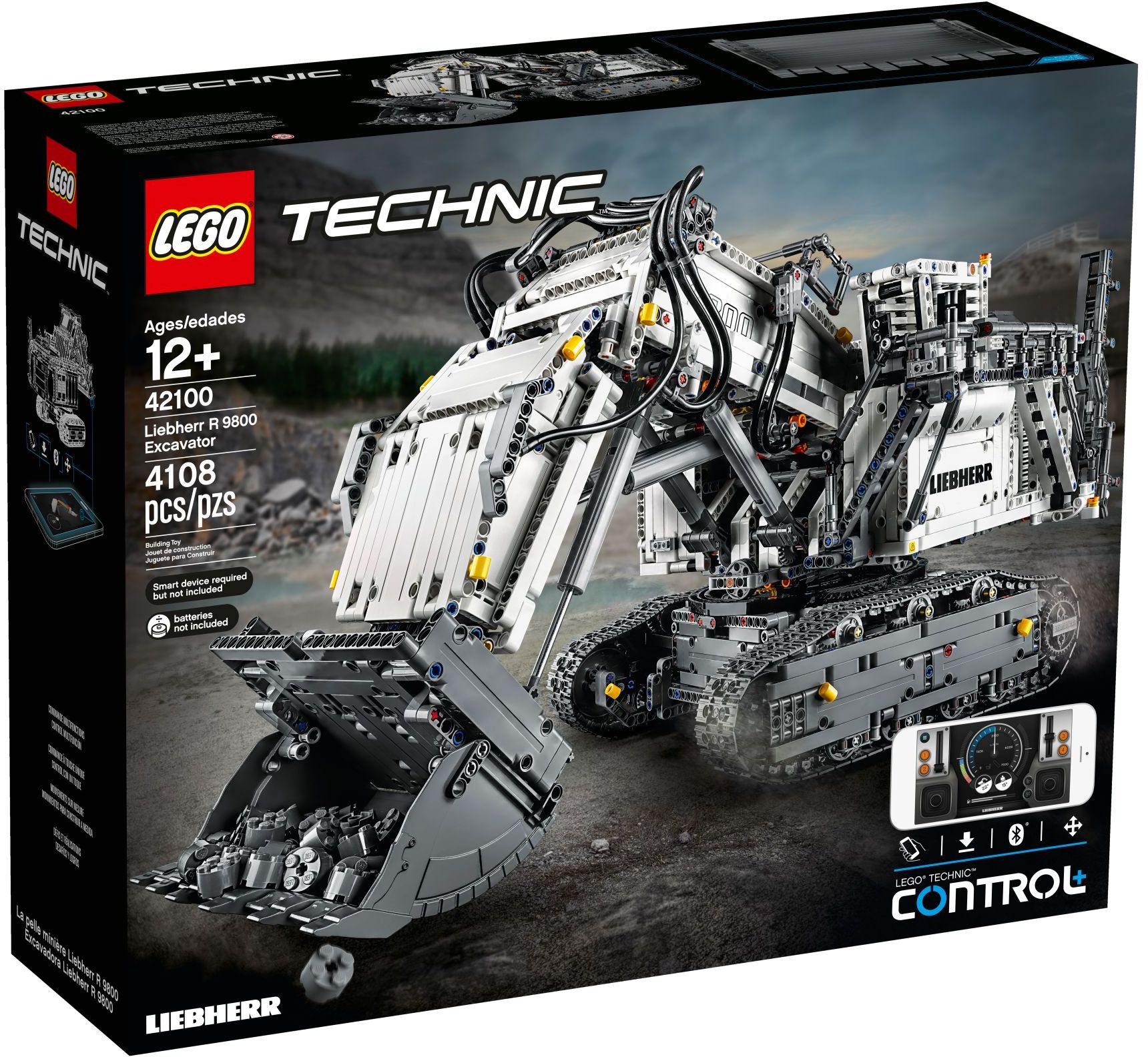 The box of LEGO Technic Liebherr R 9800 Excavator (42100) showing the excavator in a quarry, 4108 pieces, ages 12 and up, the Control+ phone panel, and the notes smart device required and batteries not included