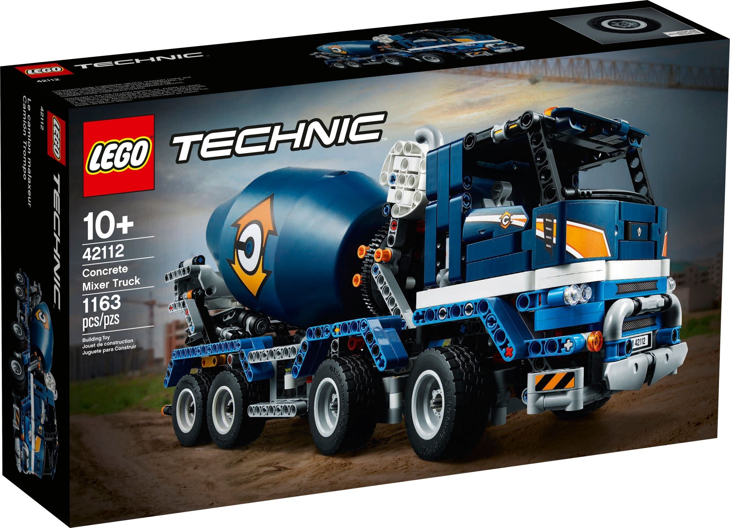 Box of LEGO Technic Concrete Mixer Truck (42112), 1163 pieces, age 10+, with the truck on a building site