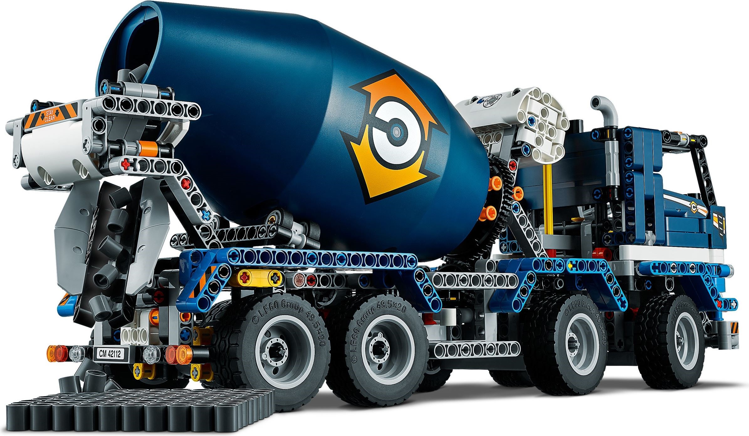 Rear three-quarter view of LEGO Technic Concrete Mixer Truck (42112) with the chute lowered and a slab of grey 1x1 concrete pieces poured out behind it