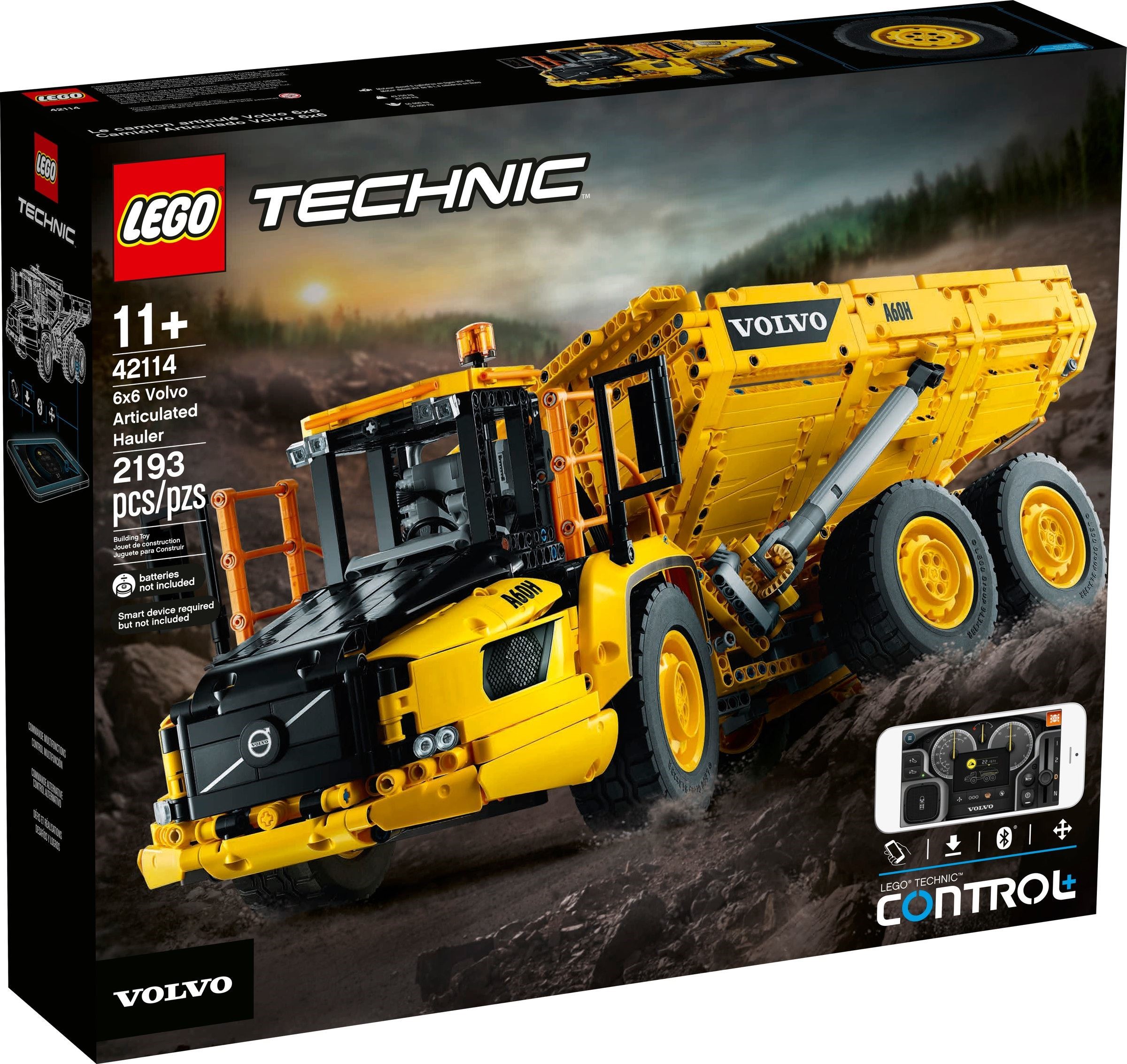 The box of LEGO Technic 6x6 Volvo Articulated Hauler (42114) showing the truck on a quarry track, with the 11+ age mark, the 2193 piece count, the Control+ phone panel and the note that a smart device is required