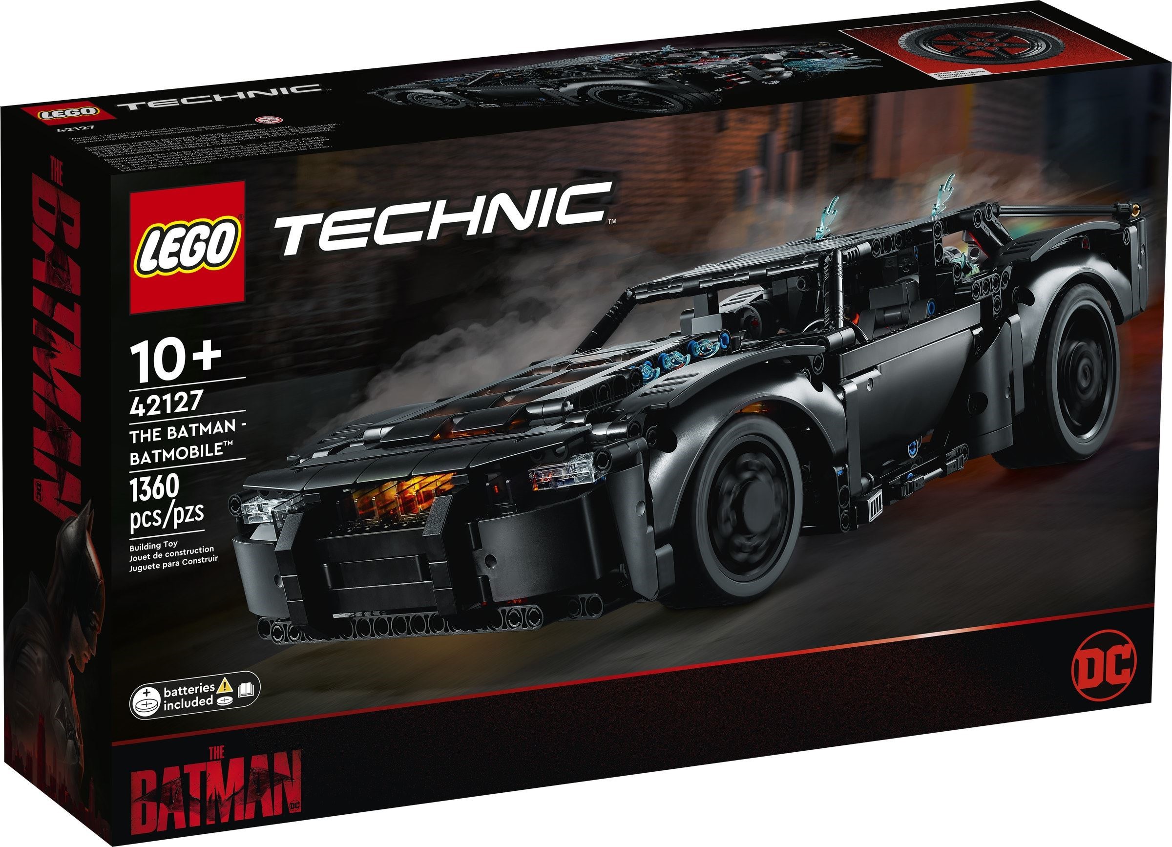 Box front of LEGO Technic THE BATMAN Batmobile (42127): the black car at three-quarter angle with its lights on, the 10+ age mark, 1360 pieces, and a batteries included badge in the corner