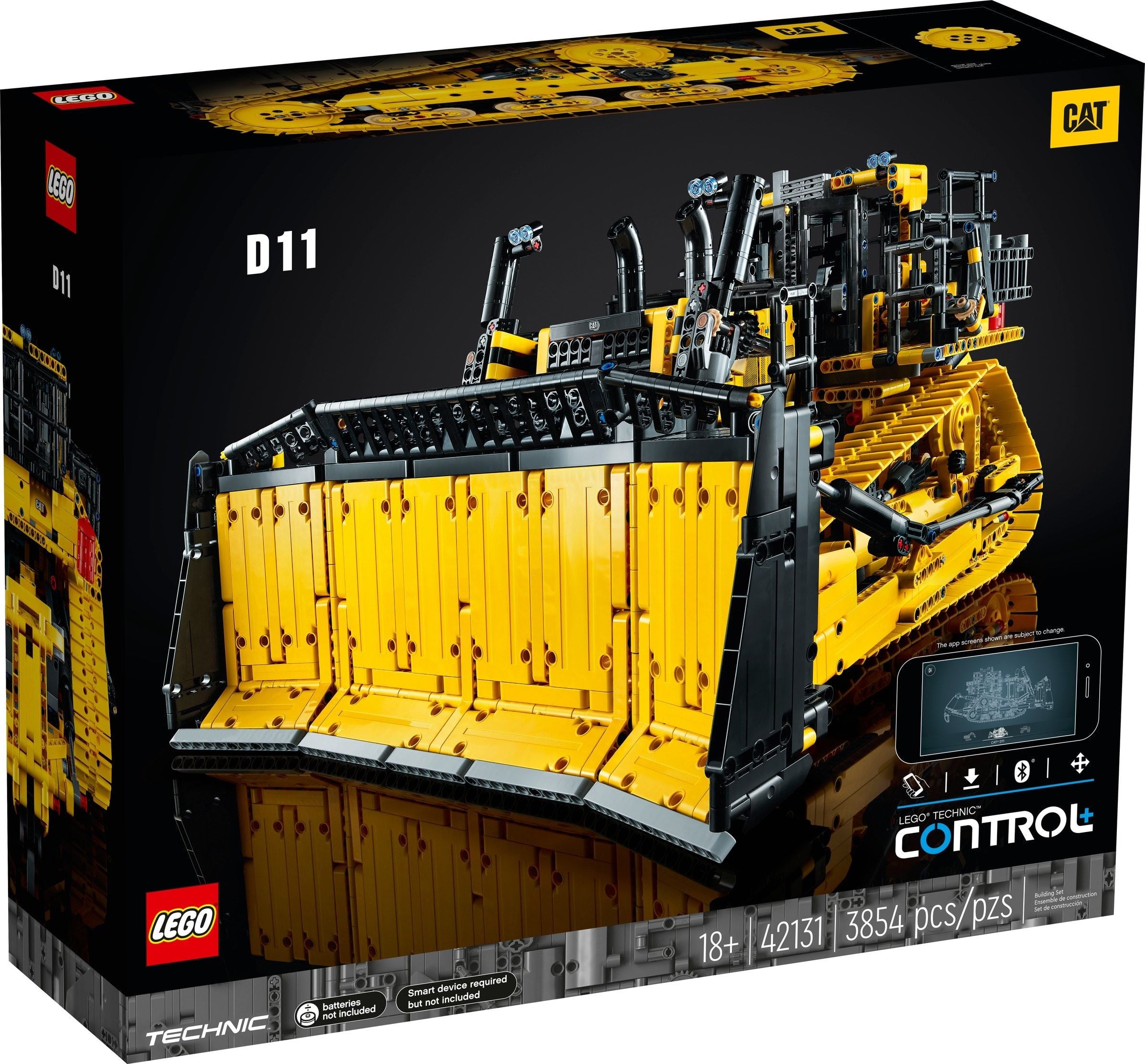 The box of LEGO Technic Cat D11 Bulldozer (42131), black 18+ packaging showing the bulldozer with the D11 marking, 42131, 3854 pieces, the LEGO Technic Control+ logo, and the notes batteries not included and smart device required but not included