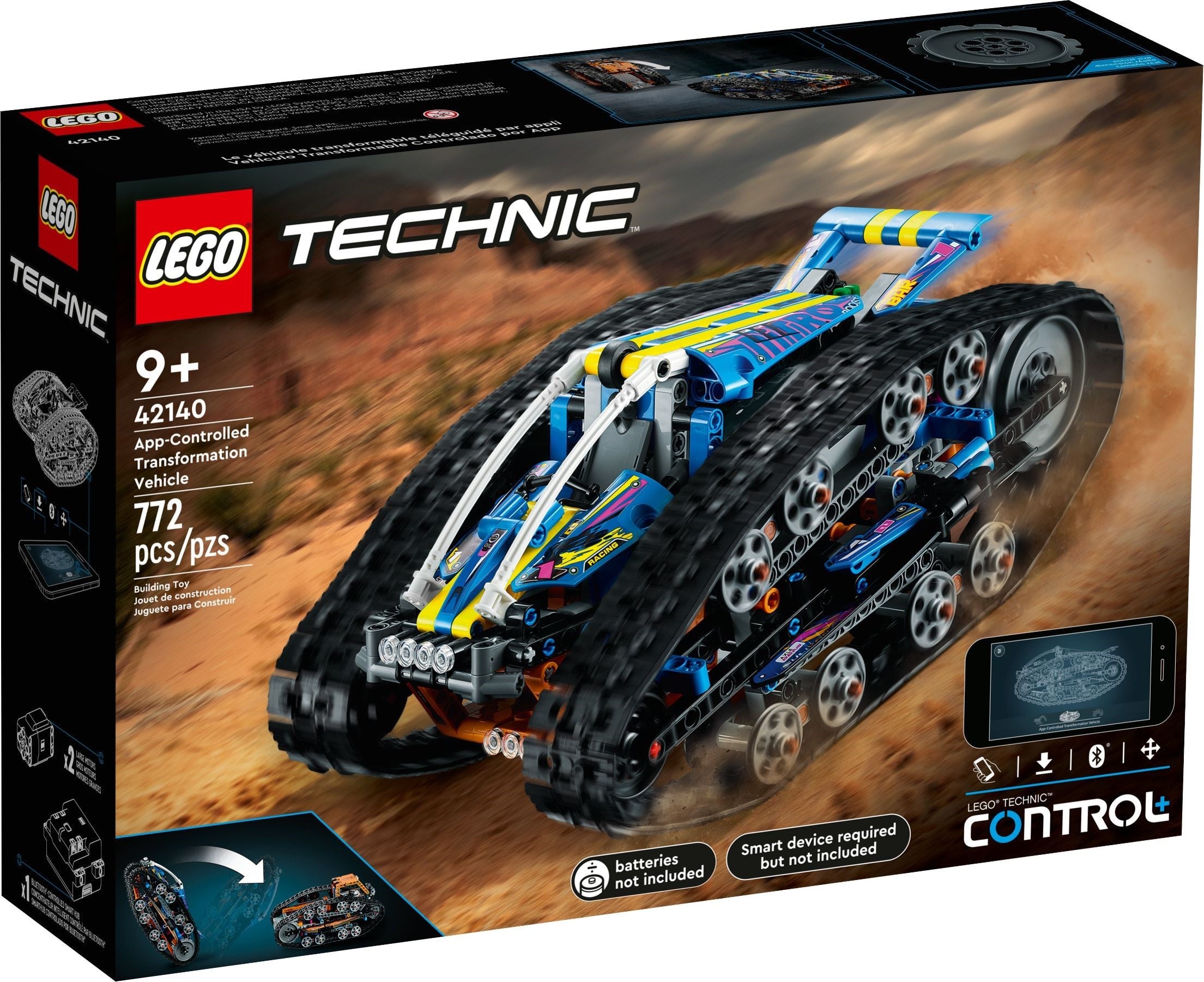 Front of the LEGO Technic App-Controlled Transformation Vehicle (42140) box, showing the racer side kicking up dust, the 9+ age mark, 772 pieces, the Control+ badge, an inset of the flip and the two L motors and hub pictured on the side panel