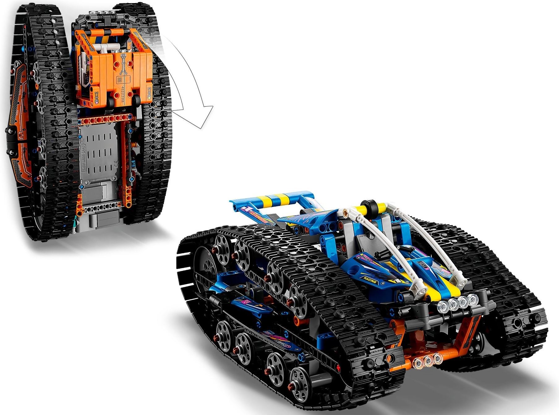 Two views of LEGO Technic App-Controlled Transformation Vehicle (42140): from above with the truck side up, showing the grey hub battery door forming the floor of the truck bed, and a front three-quarter view with the blue racer side up, joined by a white arrow