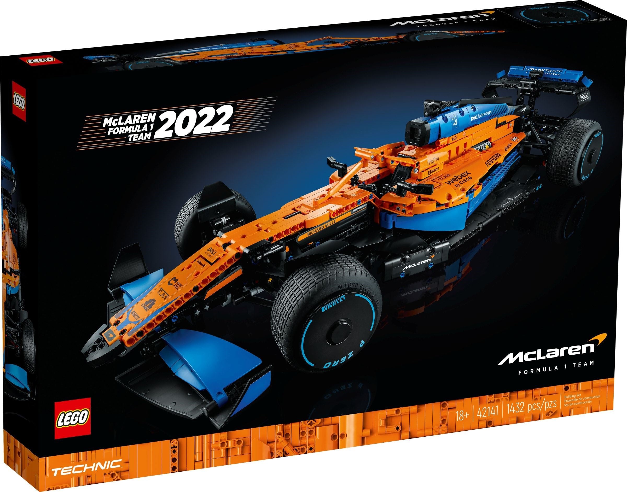 The black retail box of LEGO Technic McLaren Formula 1 Race Car (42141) with the car on the front, the words McLaren Formula 1 Team 2022 in the top corner and 18+ 1432 pieces along the bottom