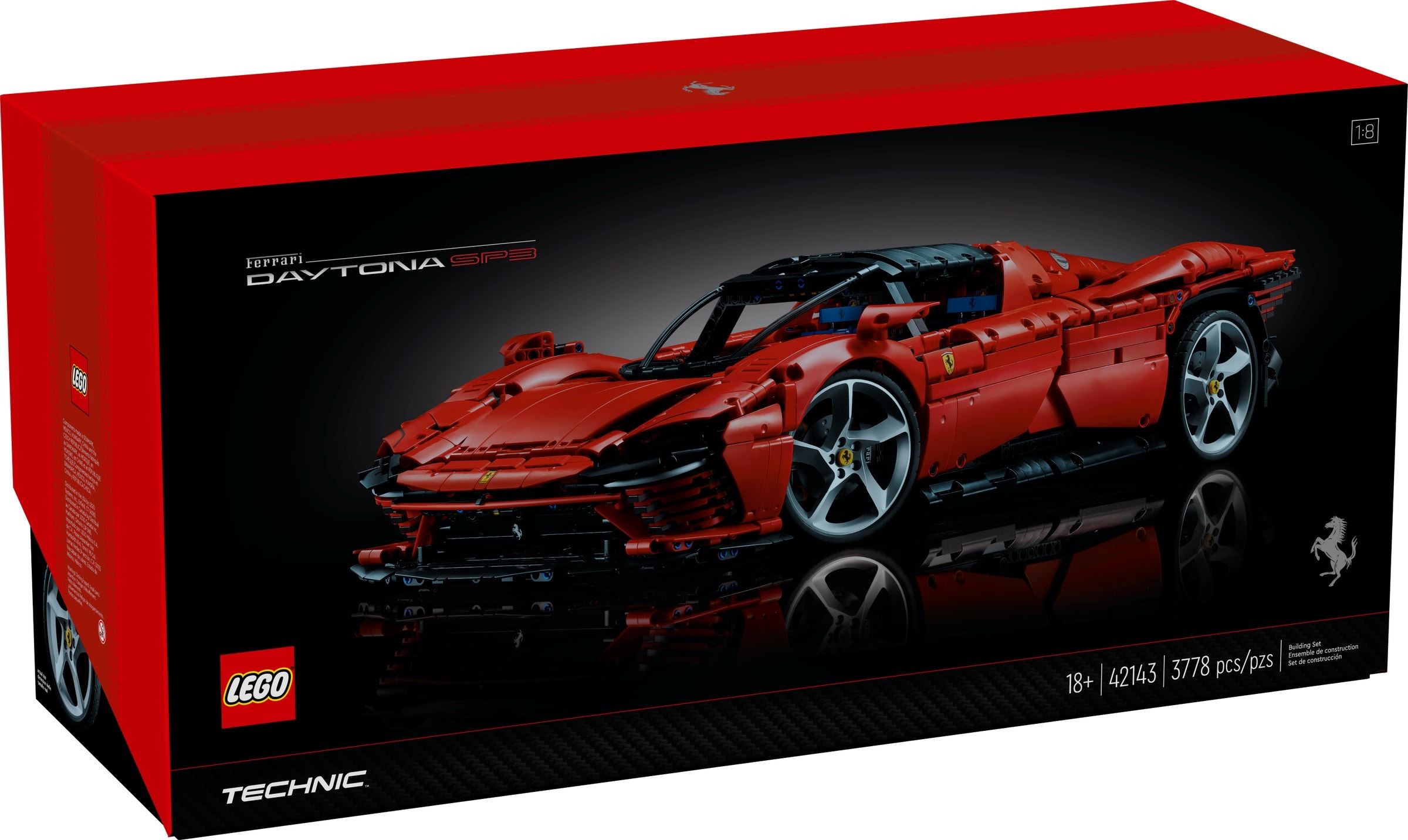 The red retail box of LEGO Technic Ferrari Daytona SP3 (42143) with the car photographed against black, 1:8 and 3778 pieces printed on the front