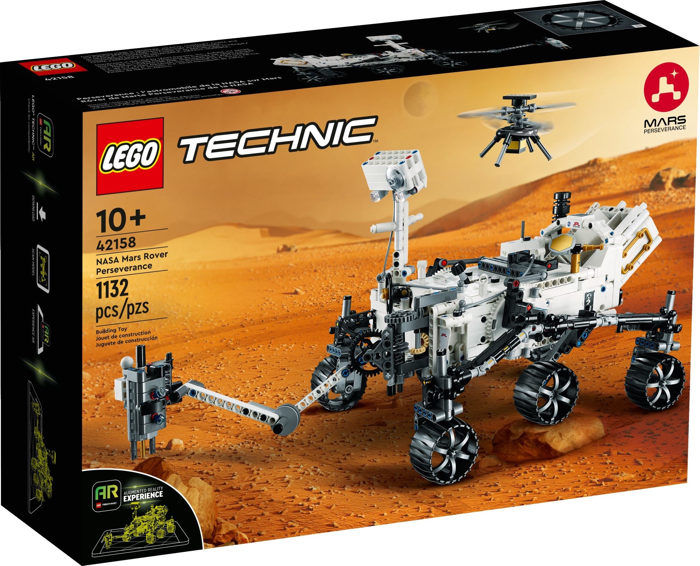 Box front of LEGO Technic NASA Mars Rover Perseverance (42158): the rover on orange Martian ground with Ingenuity flying above it, the 10+ age mark, 1132 pieces and the Technic AR badge