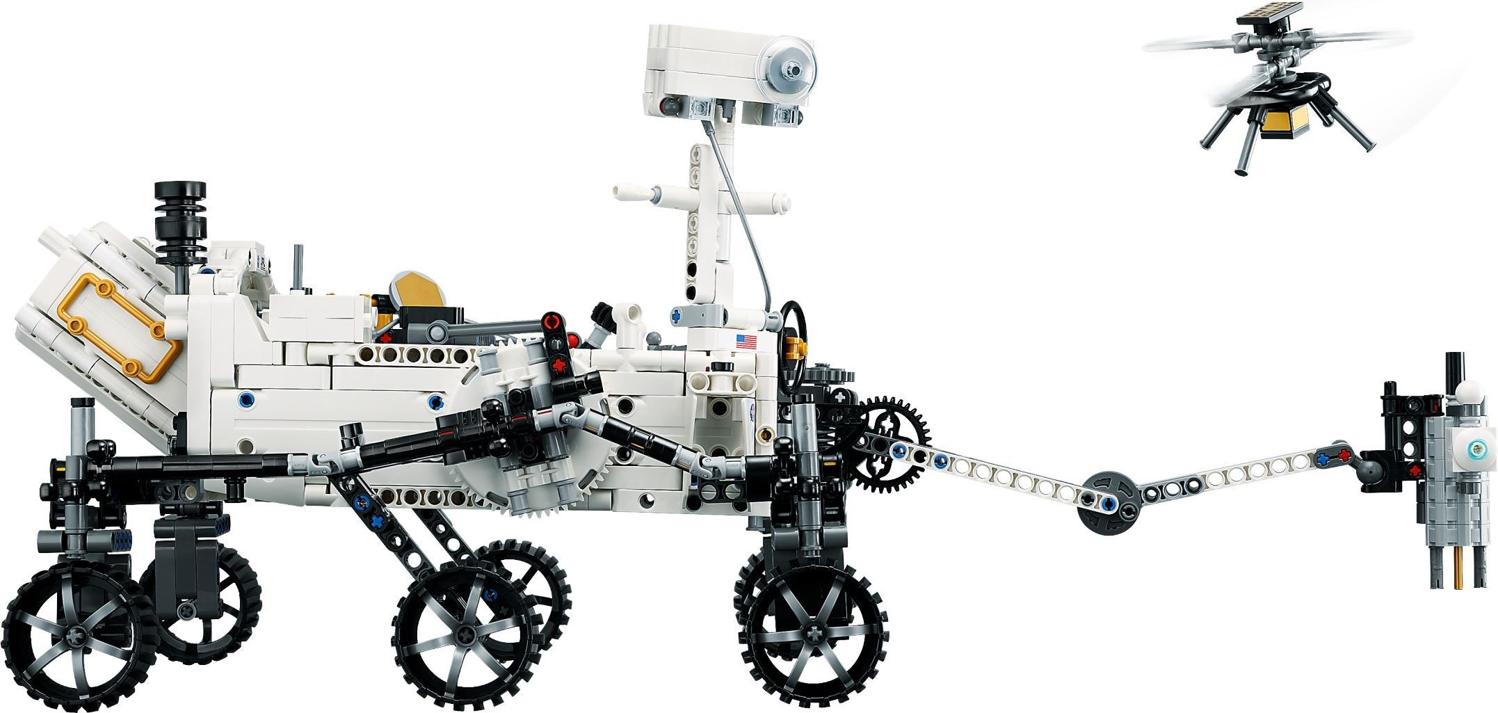 Side profile of LEGO Technic NASA Mars Rover Perseverance (42158) with the robotic arm extended forward, the camera mast raised and the Ingenuity helicopter in flight above