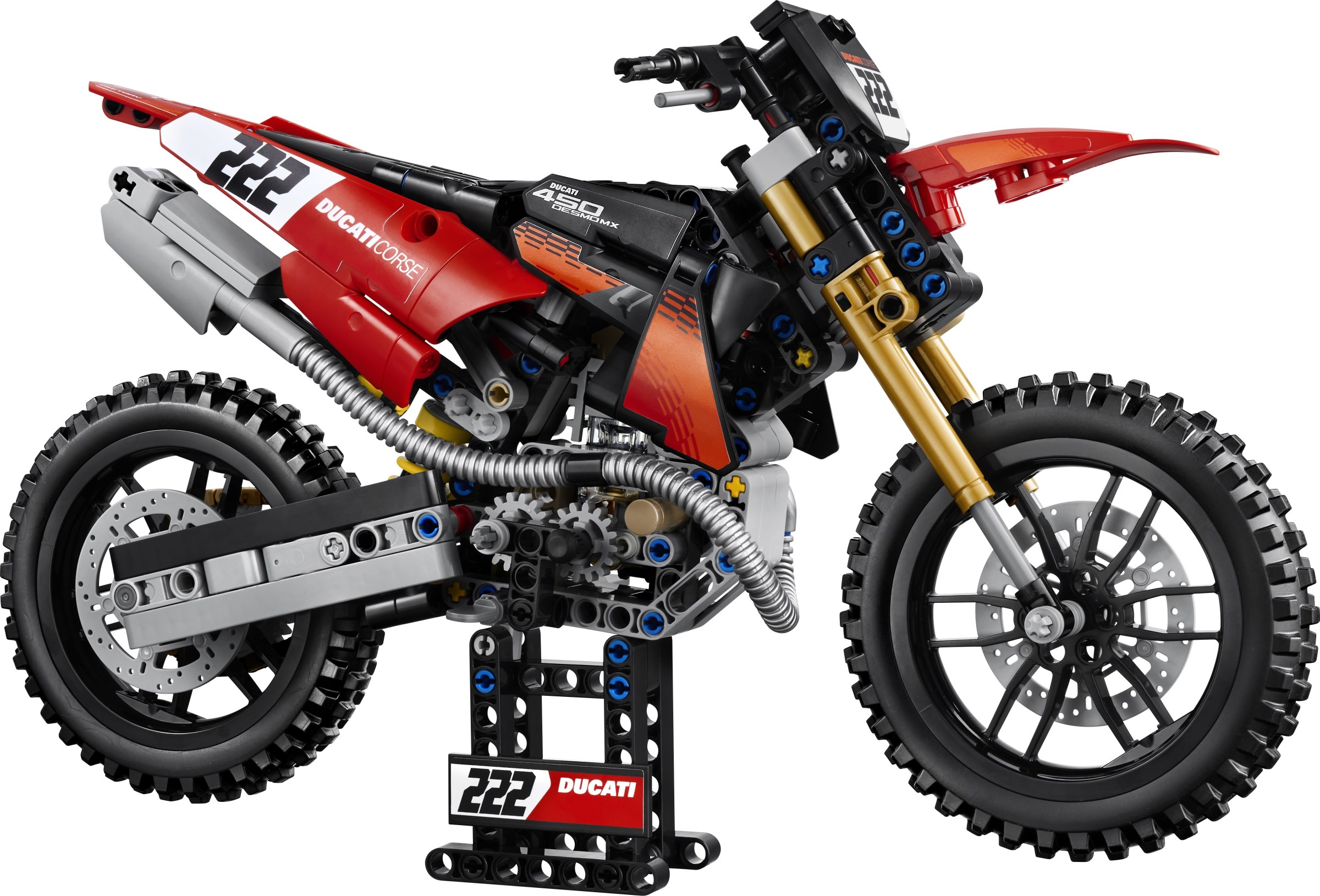 LEGO Technic Ducati Desmo450 MX Factory Motorcycle (42238), a red motocross bike, official product image
